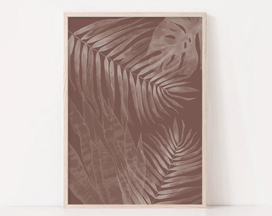 White Palm Leaves Terracotta Background Tropical Watercolor Poster