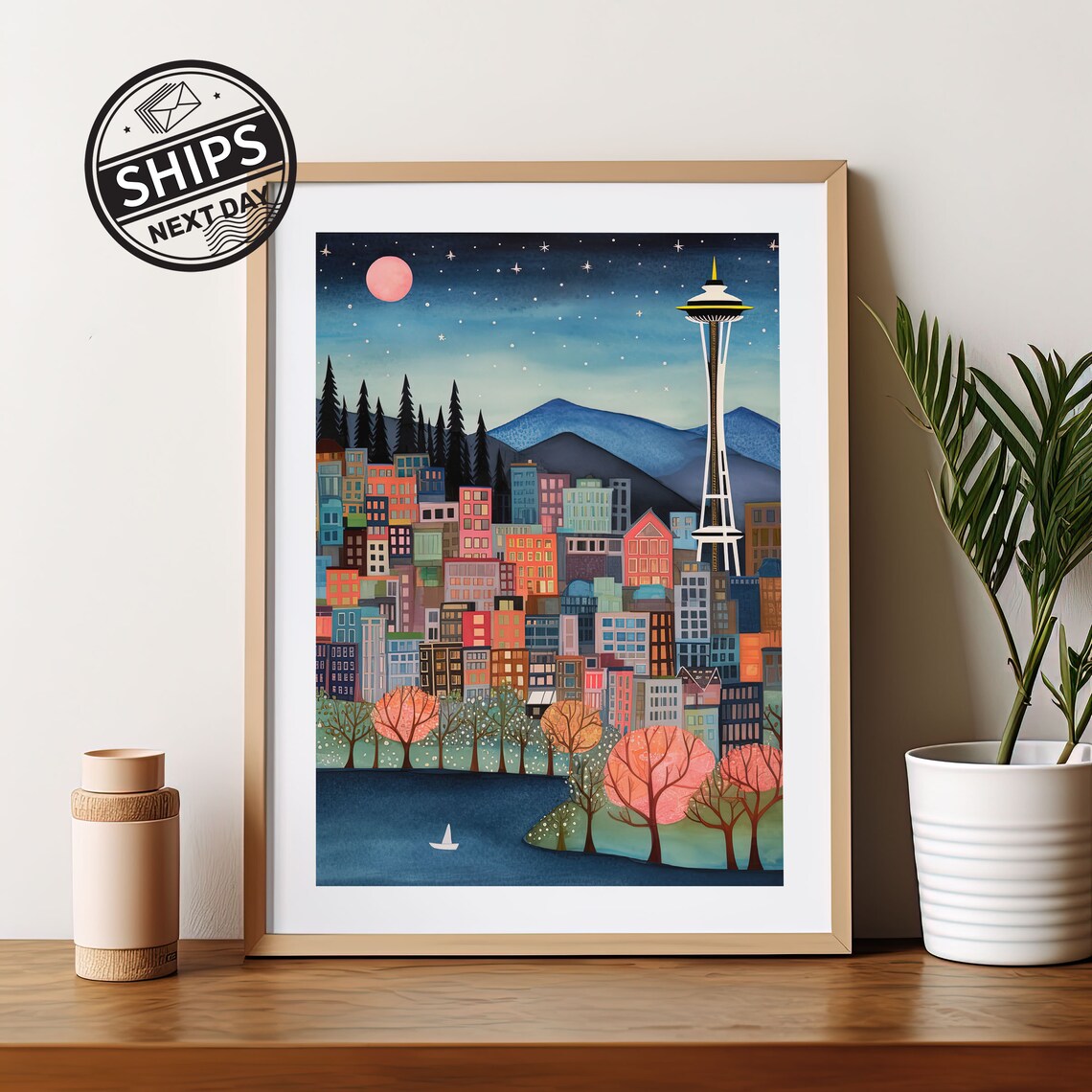 Seattle Watercolor Art Print, Modern Travel Poster