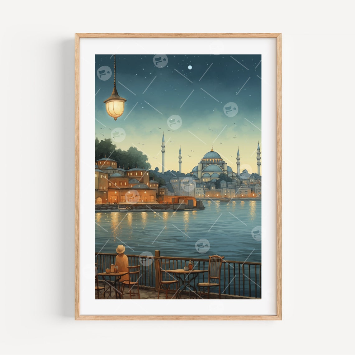 Istanbul Night Blue Mosque Waterfront Cafe Moonlit Watercolor Poster