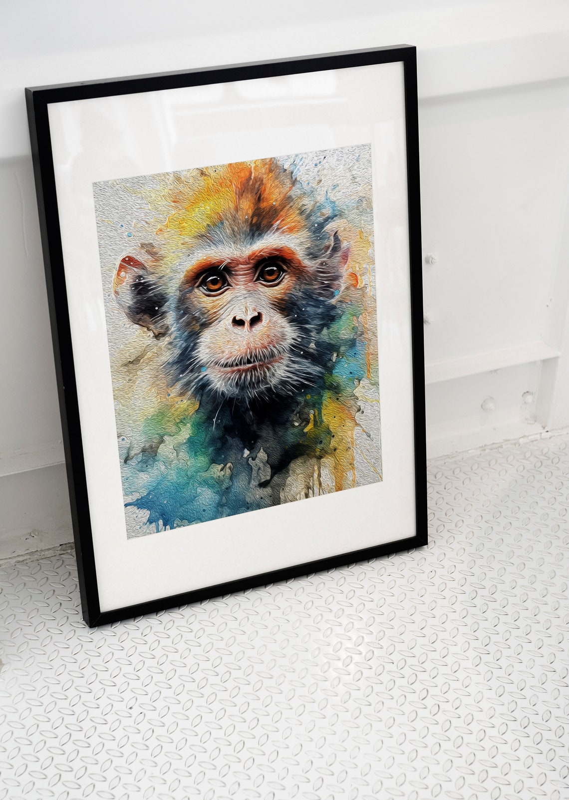 Abstract Monkey Watercolor Portrait Colorful Primate Splash Art Poster
