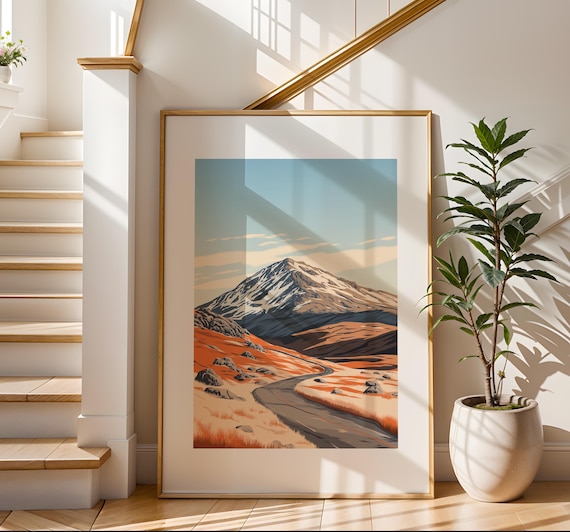 Snowcapped Mountain Retro Road Trip Travel Illustration Poster