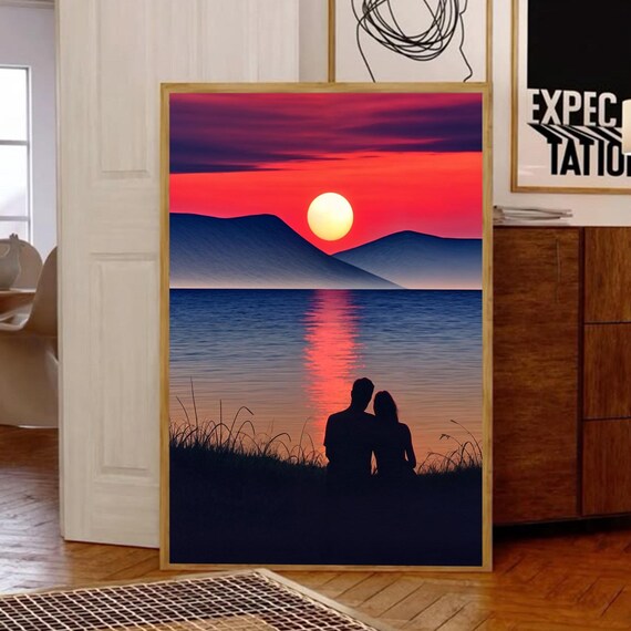 Romantic Sunset Couple Art, Vintage Scenic View