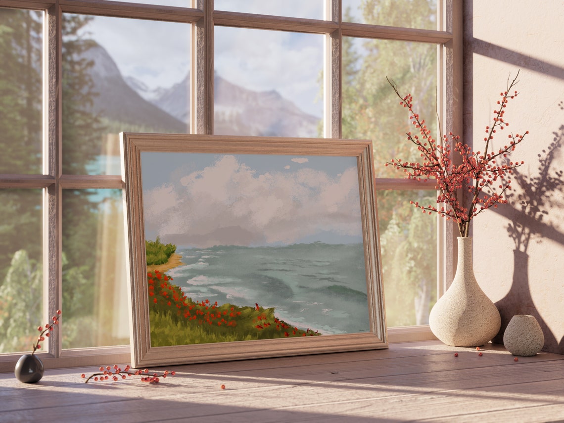 Seaside Cliffs Red Poppies Turquoise Waves Cloudy Sky Coast Poster - Image 5