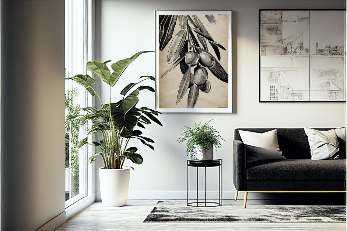 Monochrome Olive Branch Sketch Botanical Drawing Kitchen Wall Print - Image 4