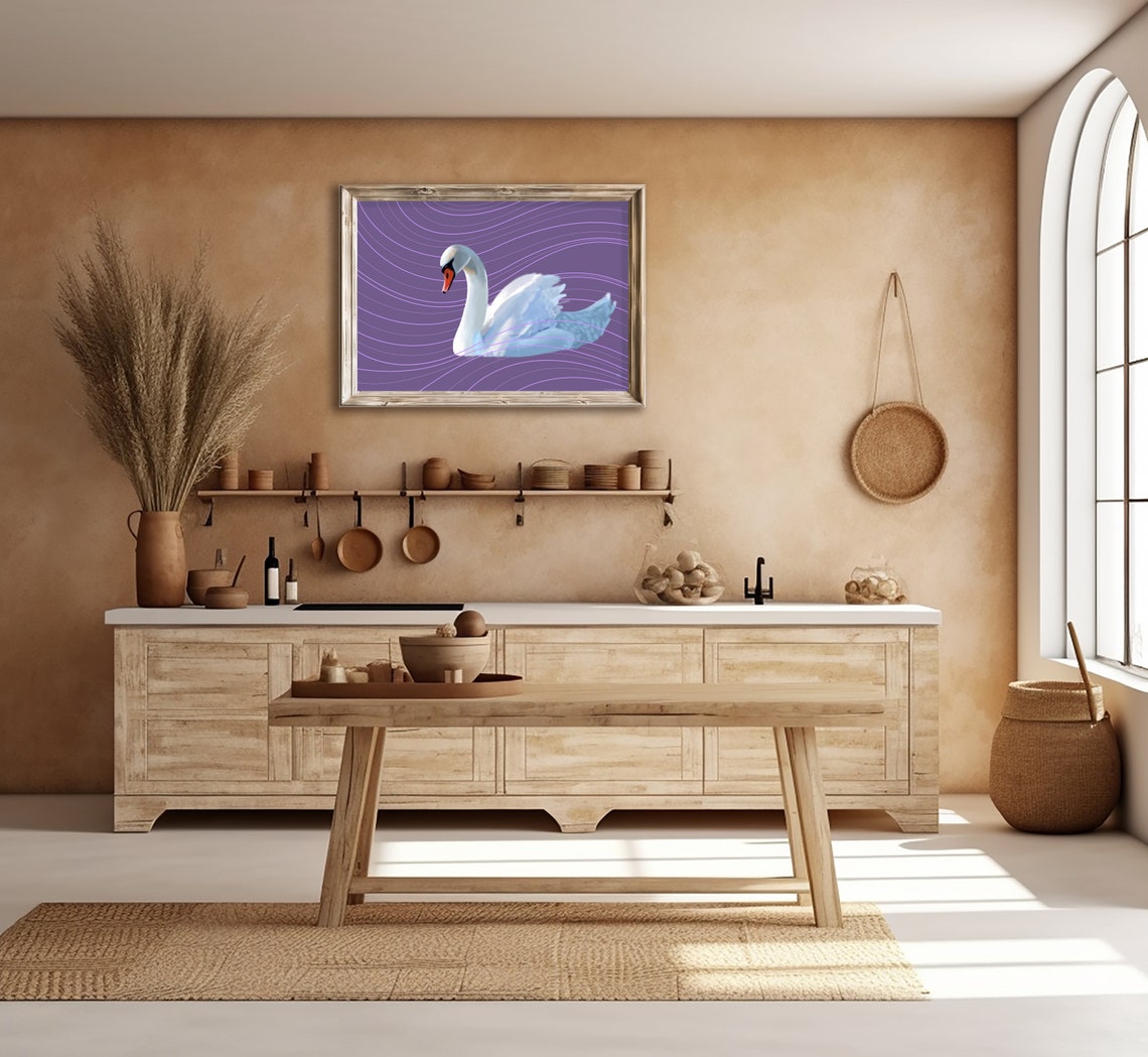 Elegant White Swan on Purple Wavy Line Background Wall Poster - Image 3
