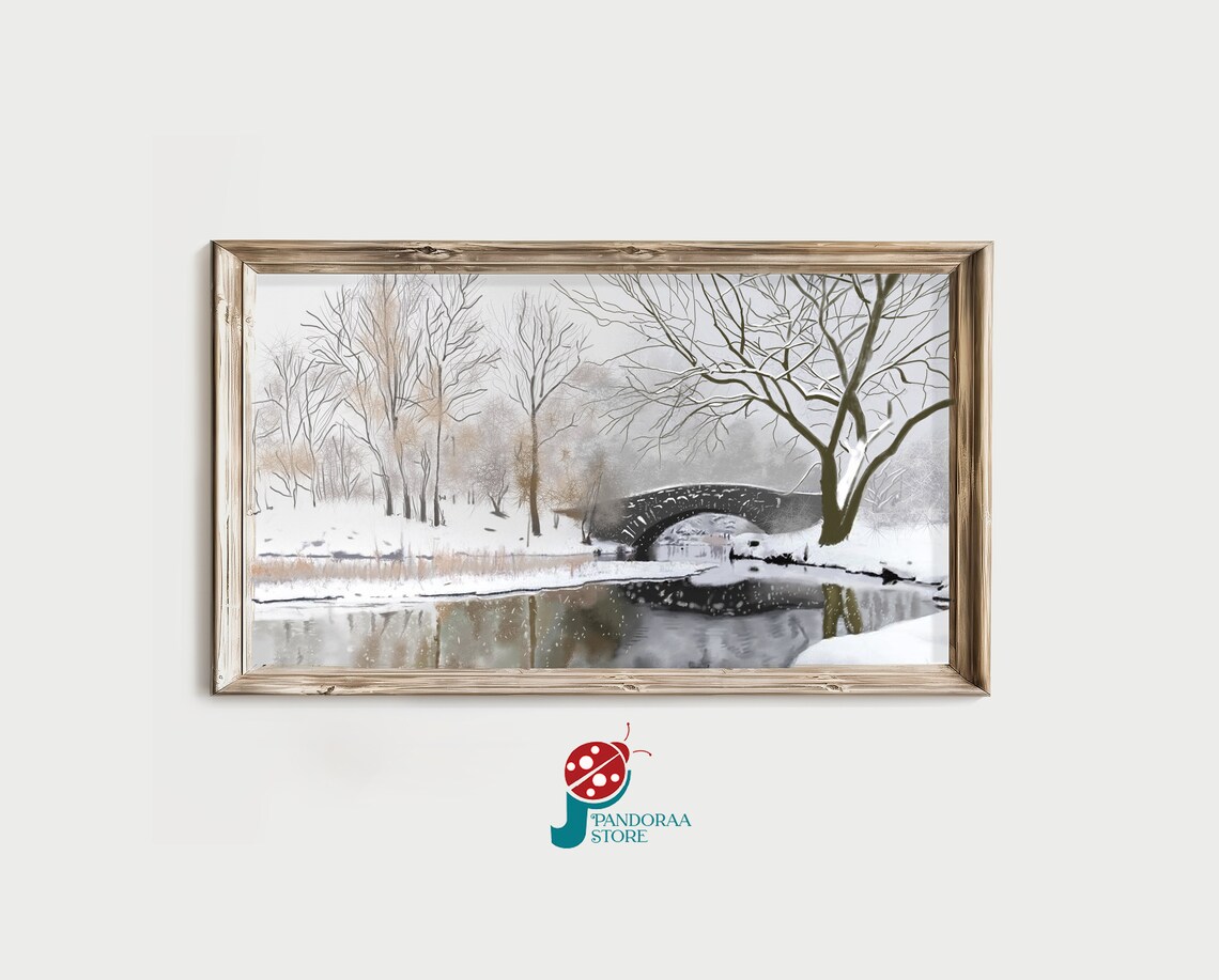Winter Snow Lake Bridge Trees Landscape Oil Painting Wall Print