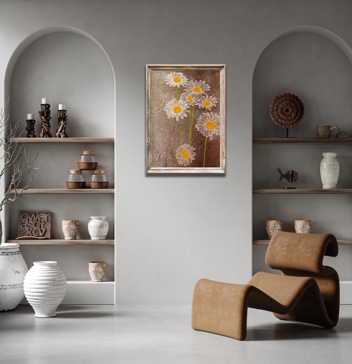 White Daisies Brown Textured Rustic Floral Farmhouse Painting Poster - Image 3