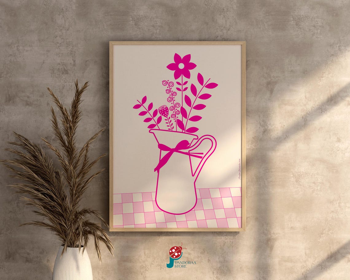 Pink Floral Pitcher Line Art Bouquet Ribbon Farmhouse Kitchen Poster