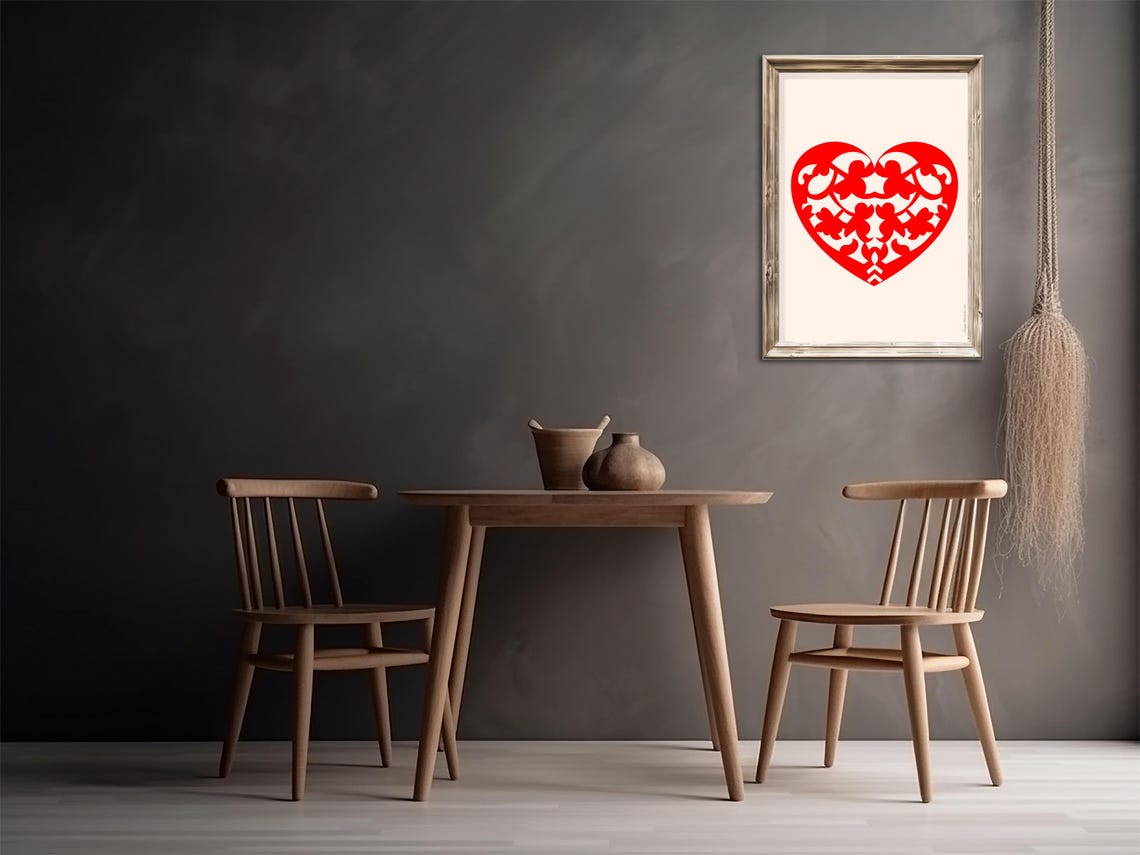 Red Folk Art Heart Papercut with Cherubs on Cream Background Poster - Image 3
