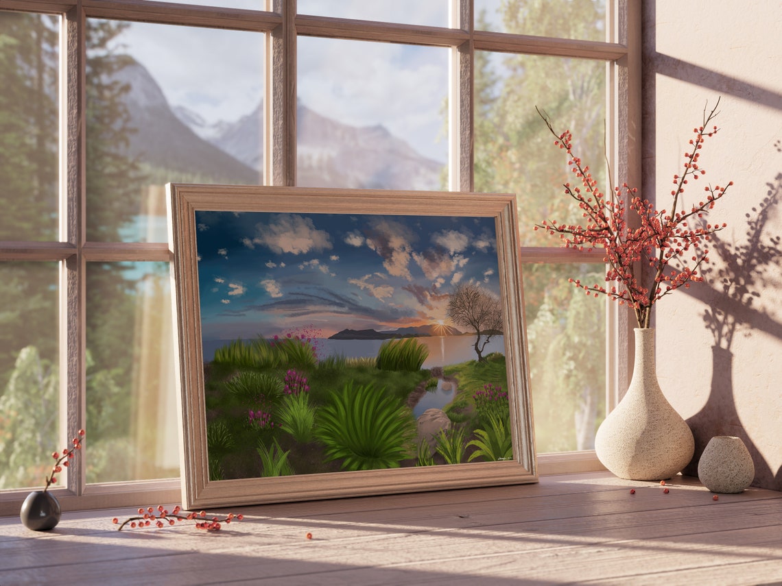 Seaside Sunset Calm Water Green Shore Wildflowers Square Print - Image 5