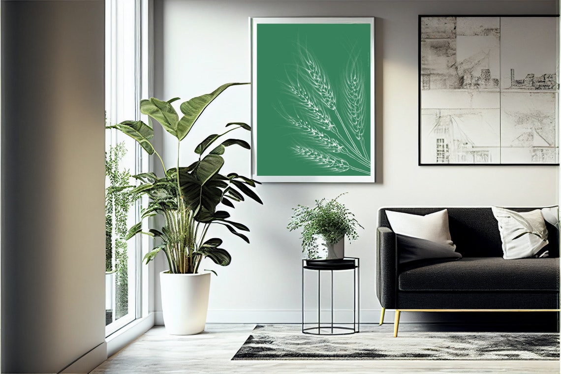 White Wheat Stalks Deep Green Botanical Line Drawing Kitchen Print - Image 3