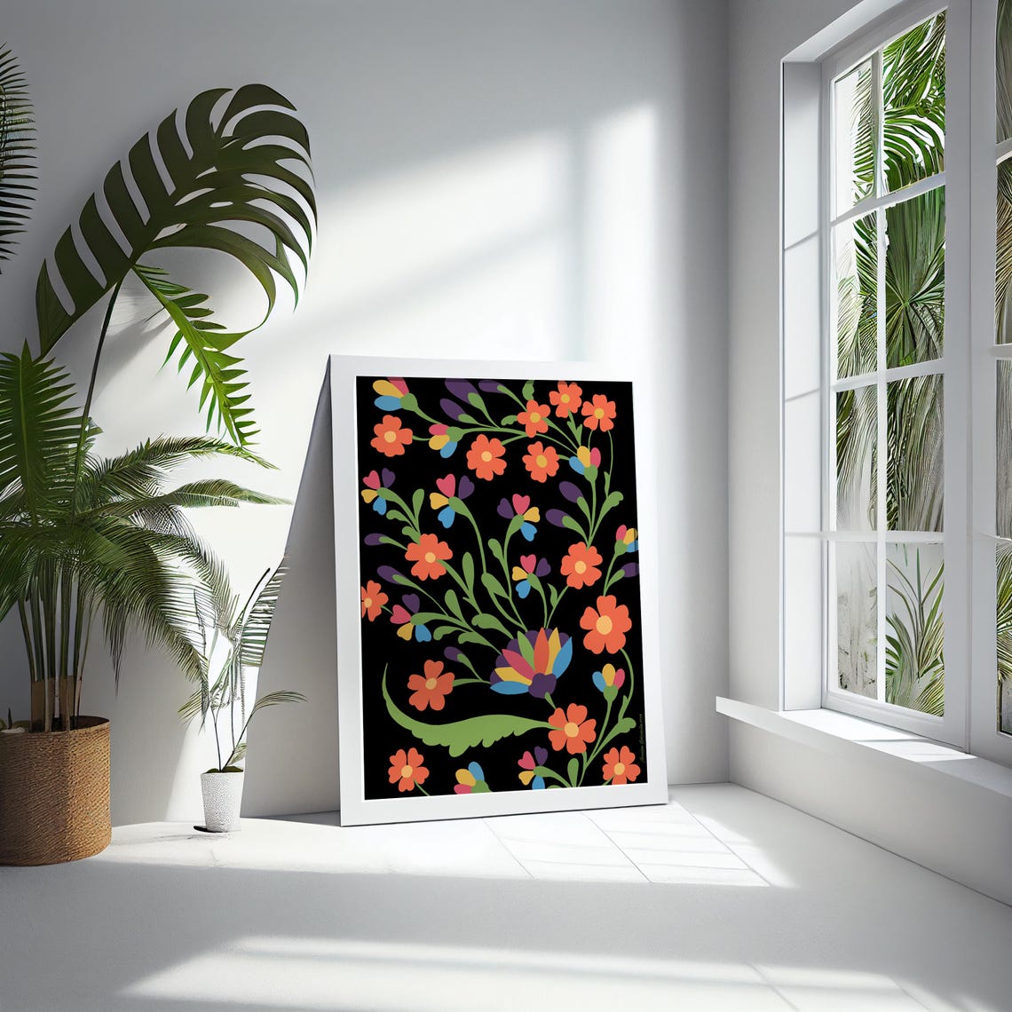 Vibrant Folk Floral Pattern Bright Blossoms on Black Wall Poster - Image 5