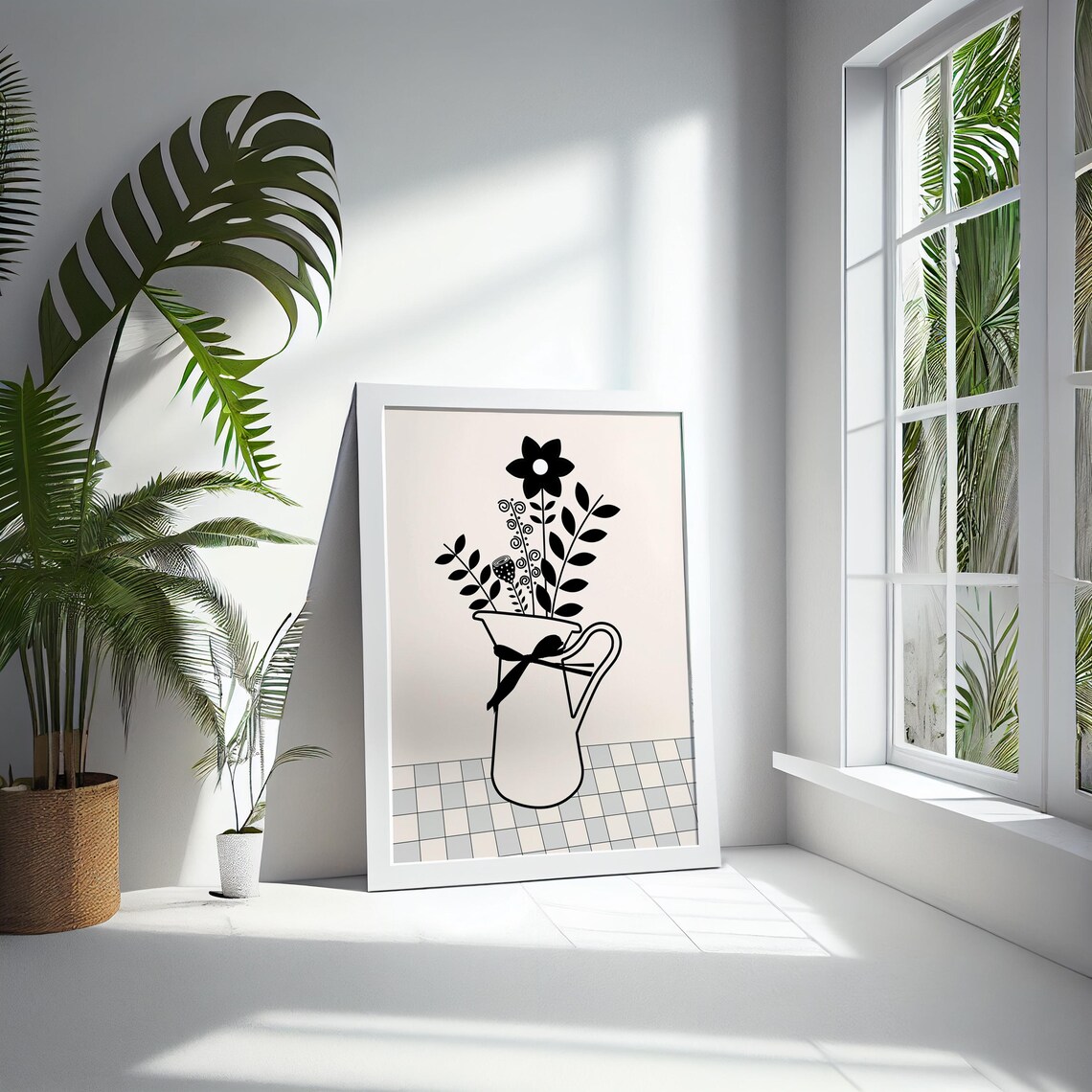 Black Floral Pitcher Line Art Bouquet Ribbon Minimalist Decor Poster - Image 4