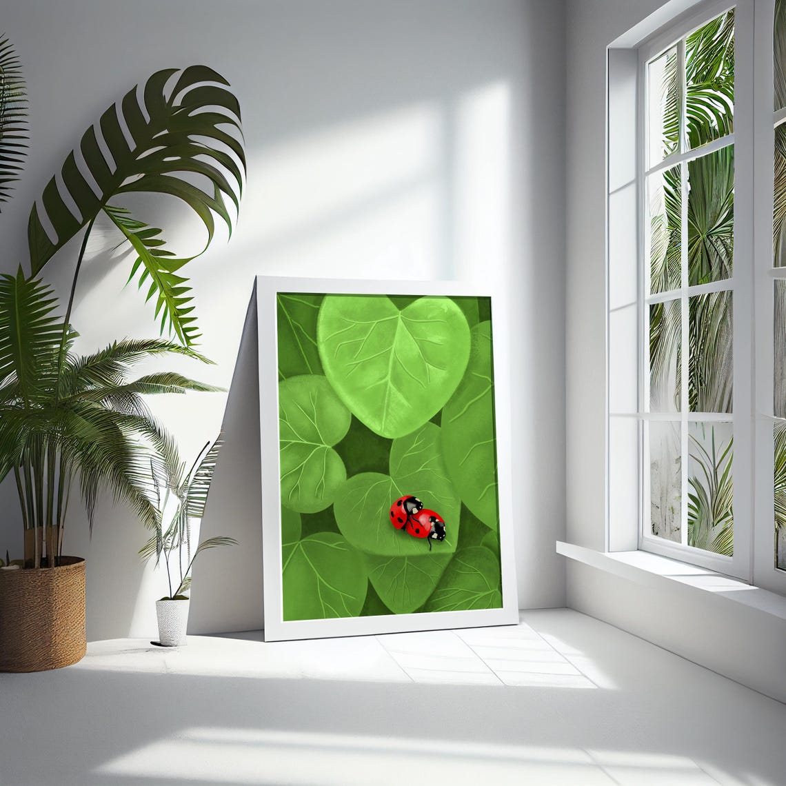 Cute Two Ladybugs on Heart Shaped Green Leaves Nature Poster - Image 5