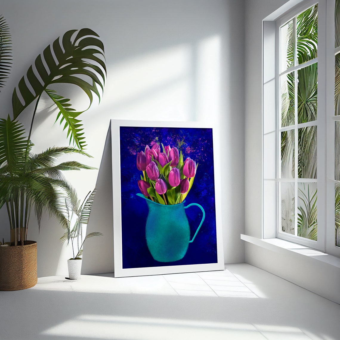 Magenta Tulips in Turquoise Pitcher on Navy Background Poster - Image 5