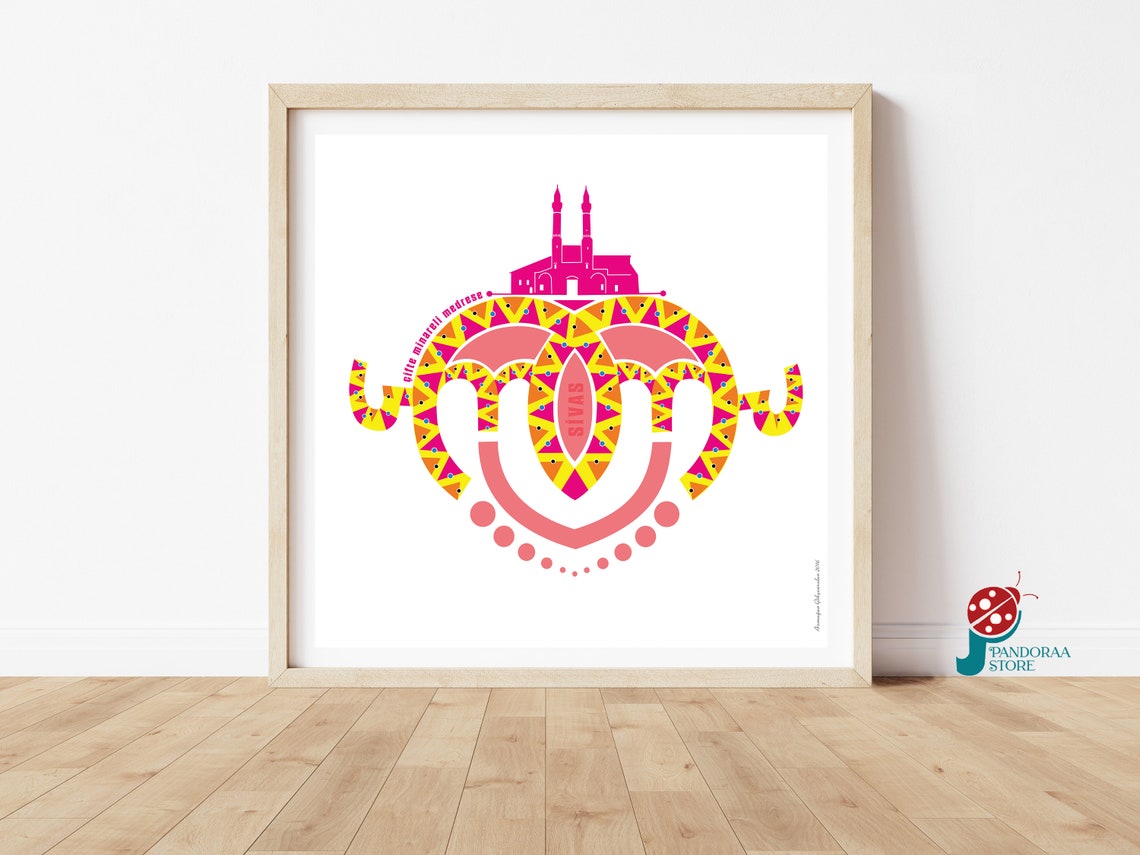 Decorative Poster Wall Art Pink Yellow Geometric Print Square Islamic Wall Decor