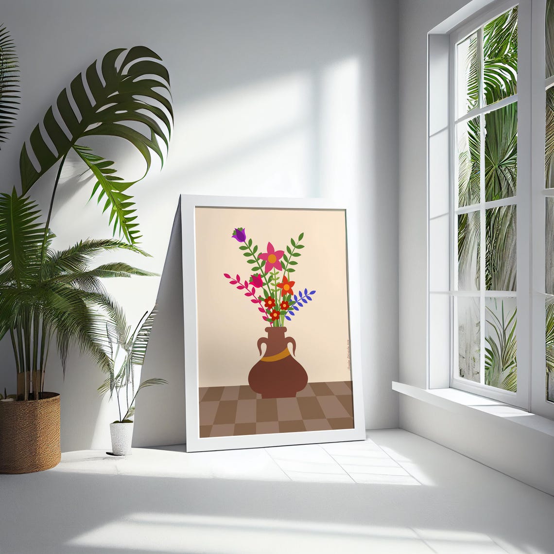 Colorful Wildflowers Brown Vase Folk Art Beige Botanical Wall Poster - Image 5