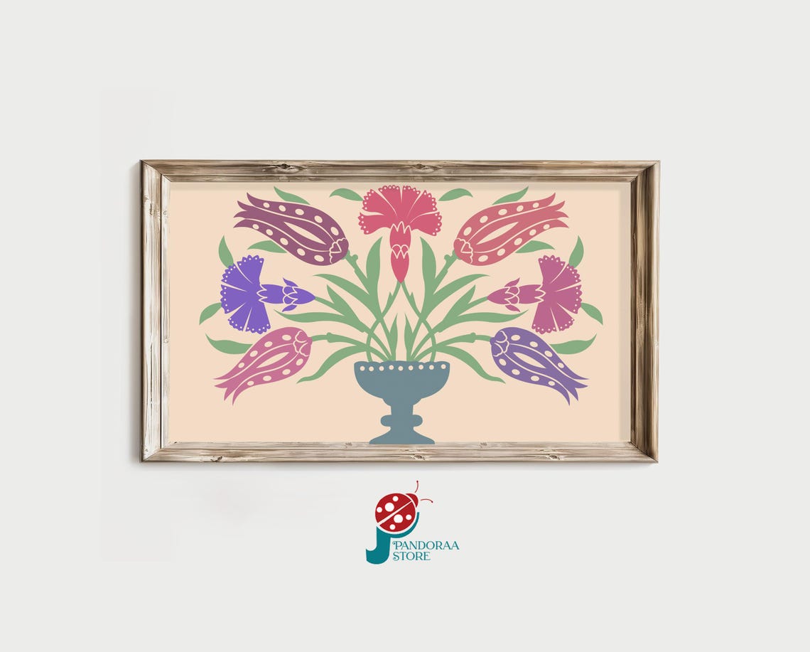 Pastel Tulip Bouquet Urn Vase Pink Purple Folk Floral Wall Print