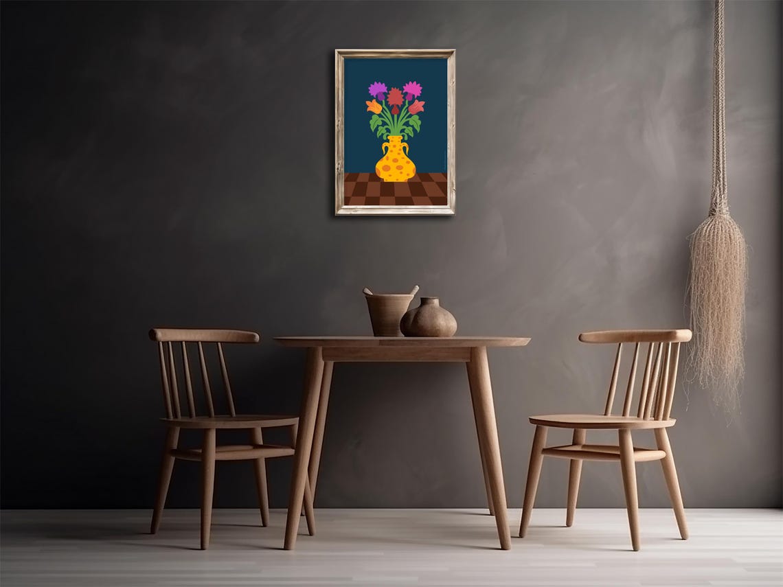 Colorful Bouquet Yellow Polka Dot Vase Dark Teal Floral Wall Poster - Image 2