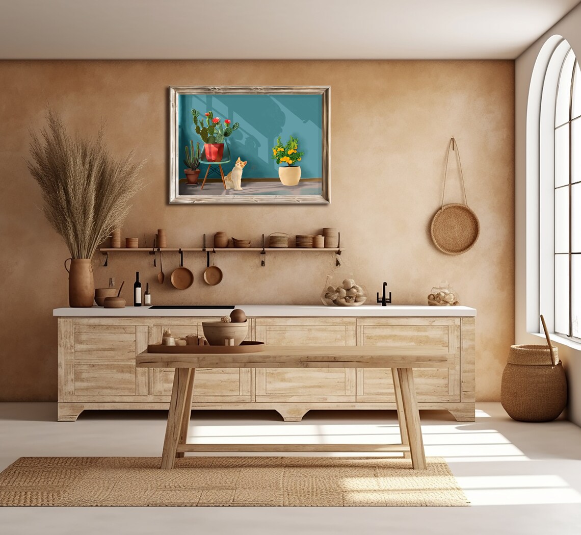 Cat And Cactus Art Print, Cozy Plant Animal Decor - Image 3