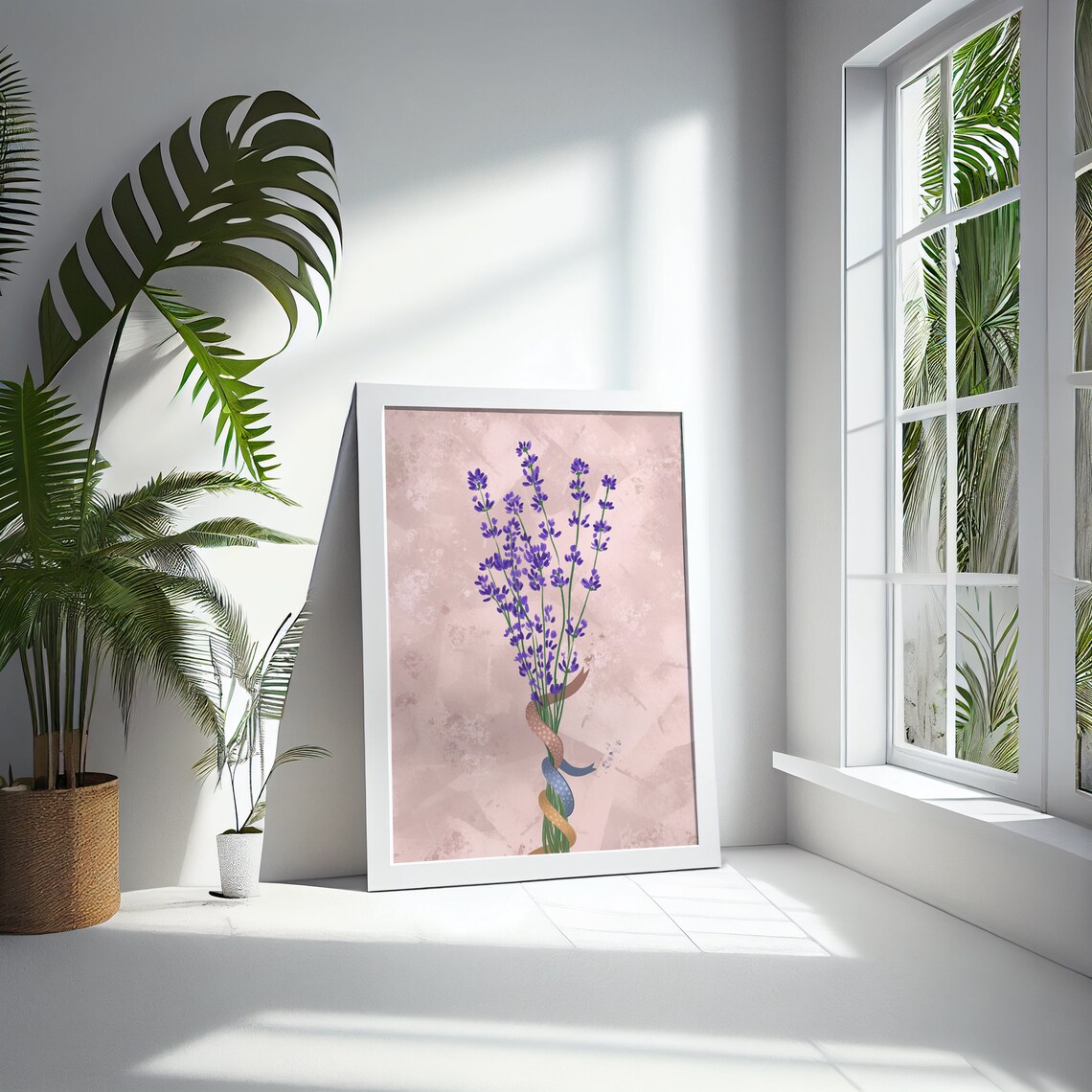 Lavender Sprigs Watercolor Ribbon Pink Background Floral Print - Image 5