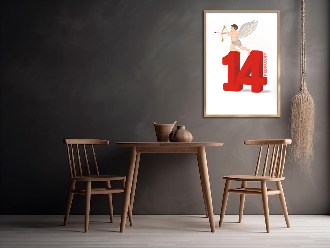 February 14 Cupid Archer Standing on Giant Red Numbers Poster - Image 3