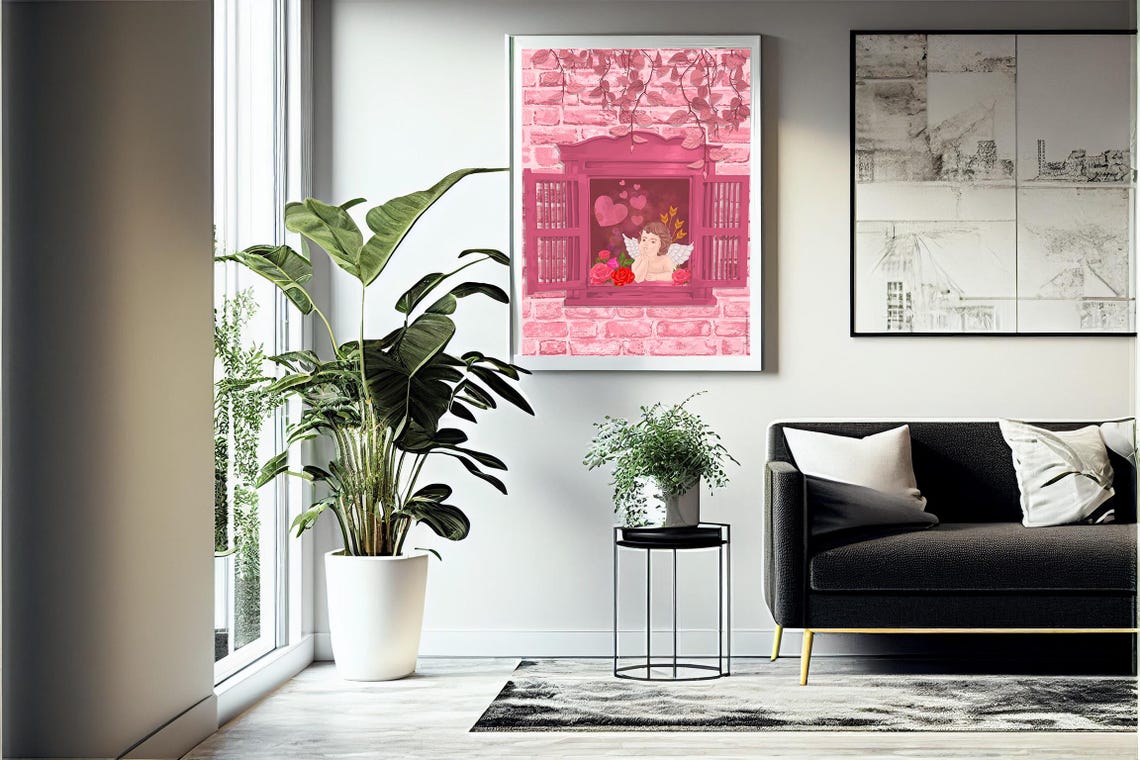 Pink Romantic Cupid Angel Window with Roses and Hearts Poster - Image 4