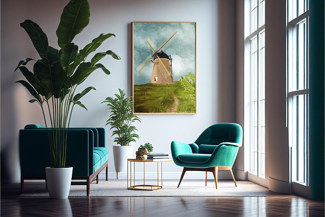 Windmill Green Hill Teal Sky Rustic Countryside Landscape Art Poster - Image 4