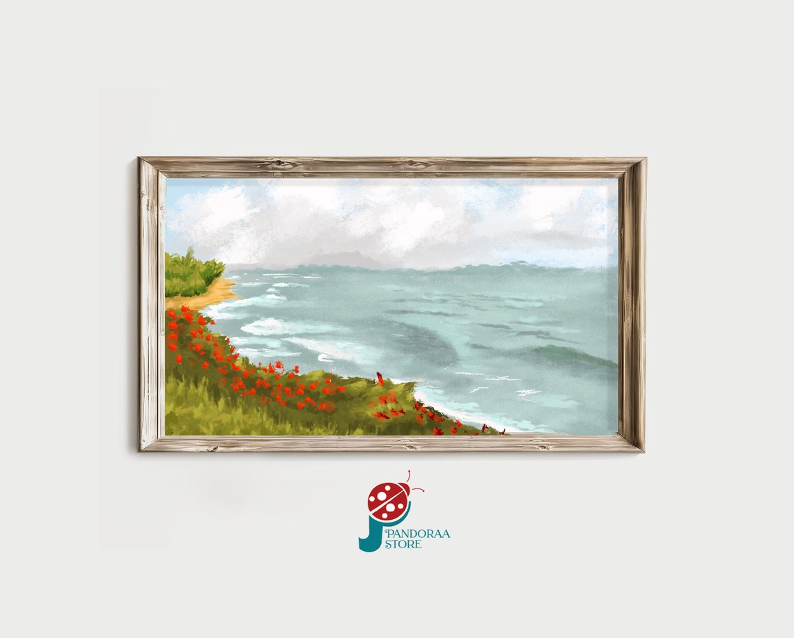 Coastal Cliffs Poppies Ocean Breeze Cloudy Seascape Landscape Poster