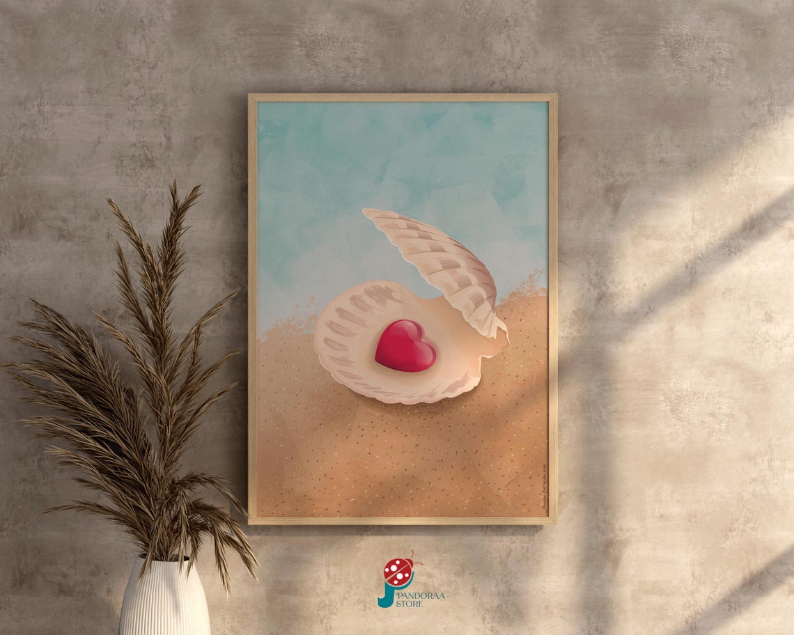 Romantic Red Heart Pearl in Seashell on Sandy Beach Wall Poster