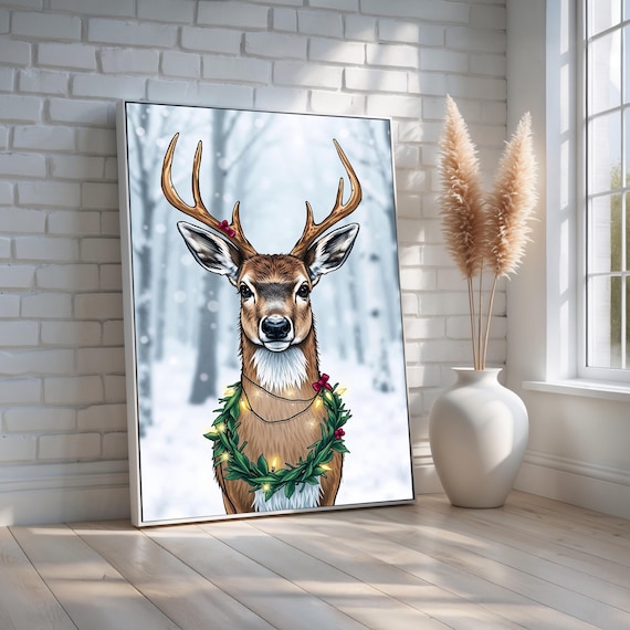 Festive Deer Wearing Christmas Wreath Snowy Forest Art Poster