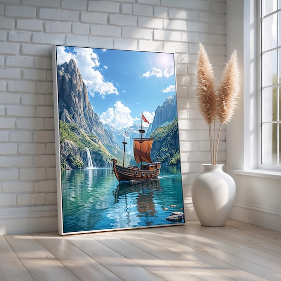 Wooden Viking Ship Sailing Mountain Lake Waterfall Landscape Poster