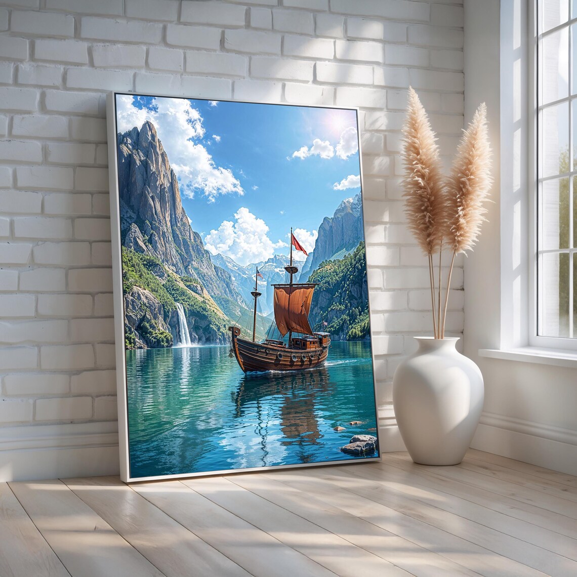 Wooden Viking Ship Sailing Mountain Lake Waterfall Landscape Poster