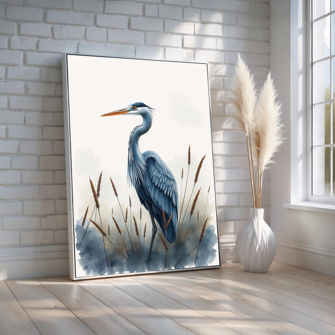 Great Blue Heron Watercolor Elegant Water Bird Botanical Print