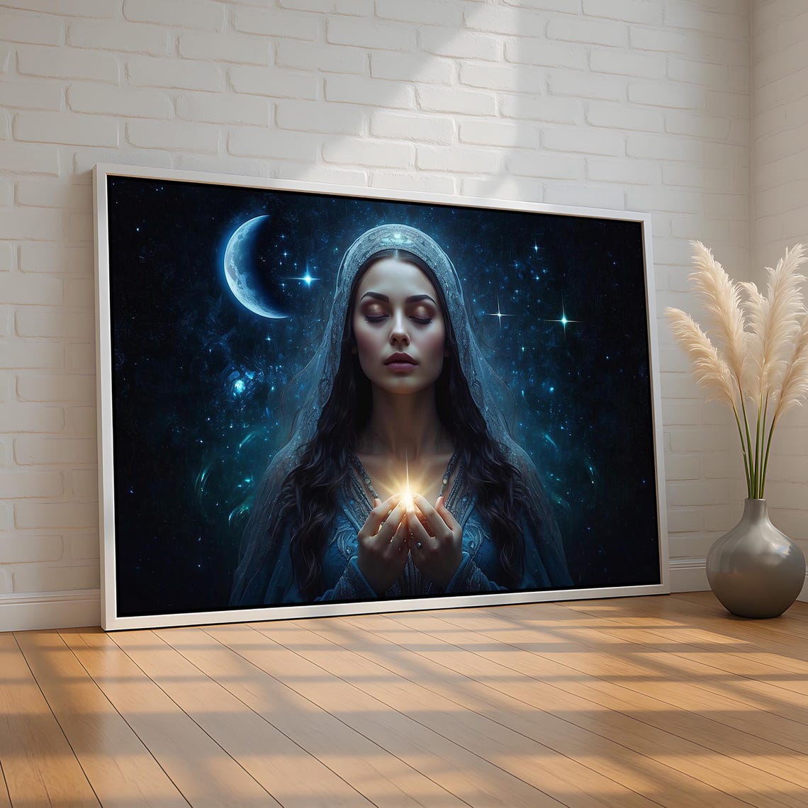Celestial Moon Goddess Portrait With Stars Mystical Night Sky Wall Art