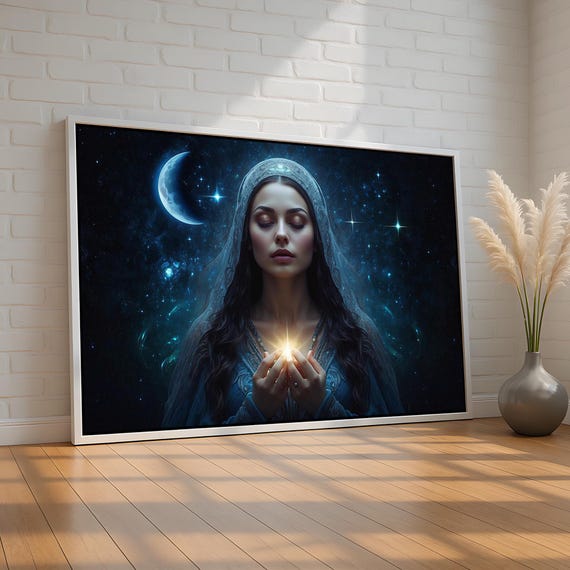 Celestial Goddess Portrait Canvas Poster Mystical Moon And Stars Wall Art Fantasy Divine Feminine Decor Ready To Hang Print