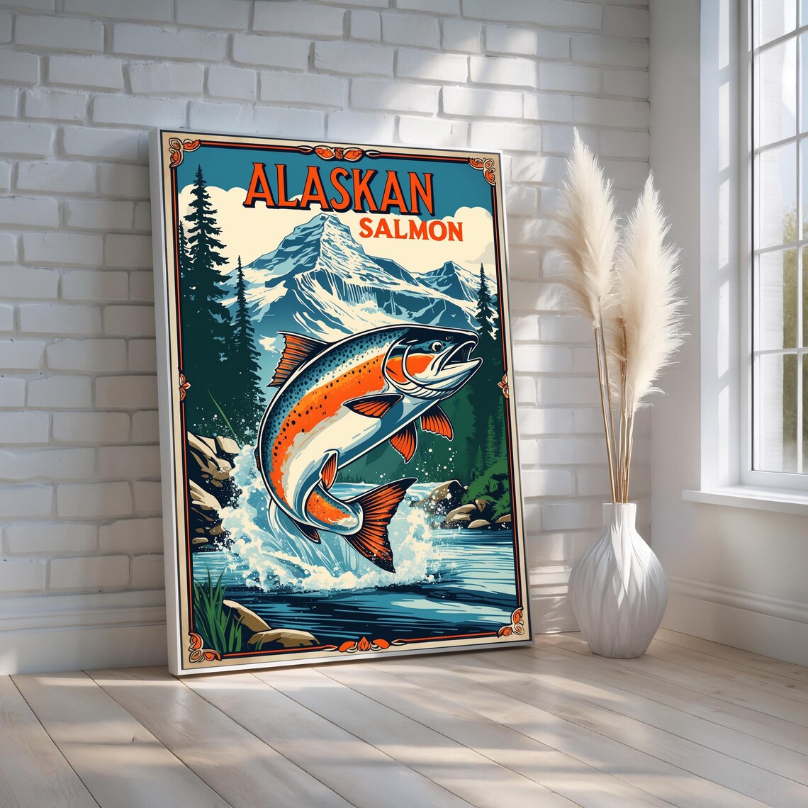 Alaskan Salmon Leaping Retro Fishing Travel Style Poster Art