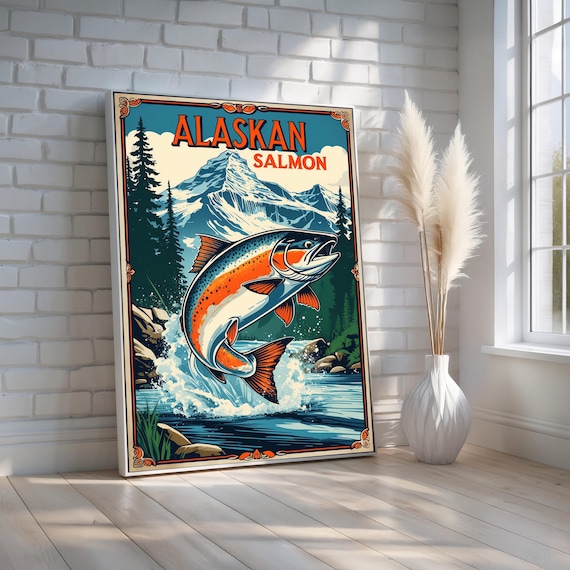 Alaskan Salmon Leaping Retro Fishing Travel Style Poster Art