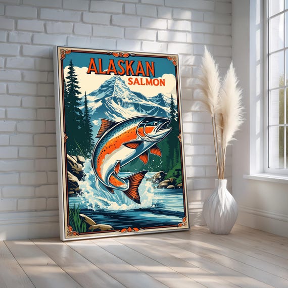 Vintage Alaskan Salmon Poster Retro Fishing Wall Art Rustic Lodge Cabin Decor Angler Gift Canvas Print Ready To Hang