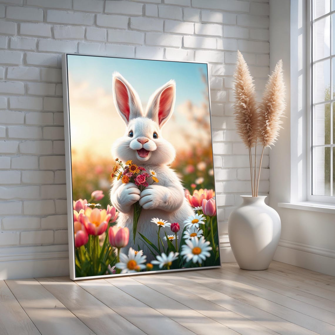 Cute Bunny With Flowers Spring Garden White Rabbit Painting Wall Art