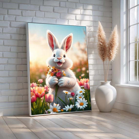 Cute Bunny With Flowers Wall Art Adorable White Rabbit In Spring Garden Easter Nursery Animal Canvas Print Ready To Hang
