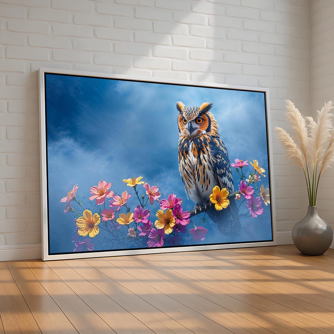 Majestic Owl Among Colorful Spring Flowers Blue Night Sky Poster