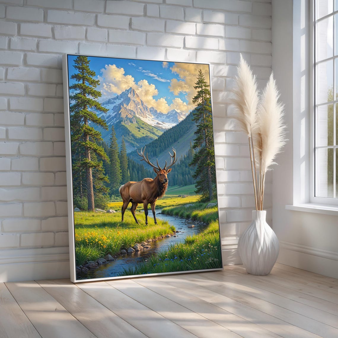 Majestic Elk Stag Mountain Stream Alpine Meadow Canvas Wall Art