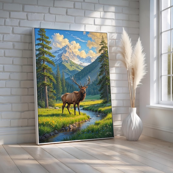 Majestic Elk Mountain Landscape Wall Art Rustic Lodge Canvas Or Poster Wildlife Nature Decor For Cabin Home Ready To Hang