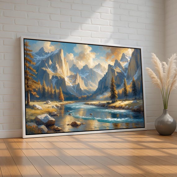 Majestic Mountain River Wall Art Serene Landscape Canvas Print Peaceful Nature Scene For Cabin Living Room Or Rustic Decor Ready To Hang