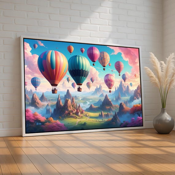 Colorful Hot Air Balloons Over Fantasy Mountains Whimsical Landscape Canvas Wall Art Dreamy Sky Poster For Nursery Office Or Kids Room