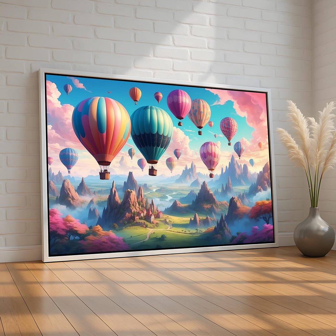 Colorful Hot Air Balloons Over Fantasy Valley Whimsical Art Poster