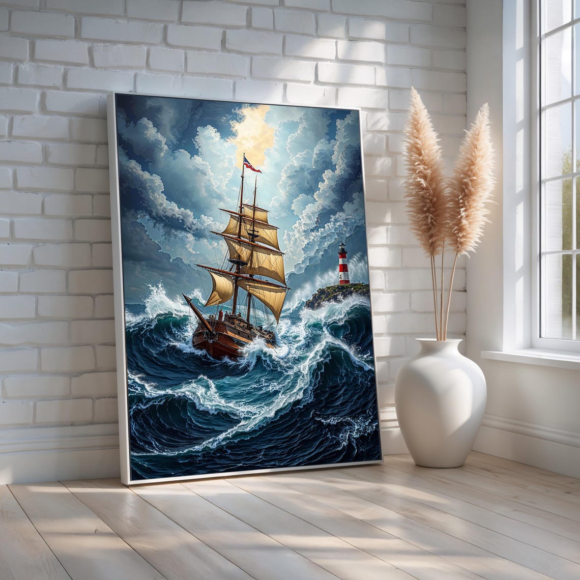 Tall Ship In Stormy Sea With Lighthouse Dramatic Nautical Wave Poster