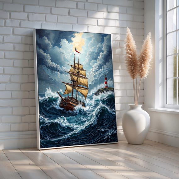 Stormy Sea Ship Wall Art Tall Sailing In Rough Ocean With Lighthouse Nautical Adventure Canvas Print Ready To Hang
