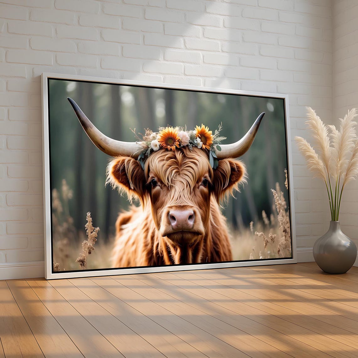 Highland Cow Flower Crown Portrait Rustic Farmhouse Decor Poster